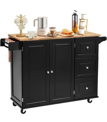 Newly Assembled Kitchen Island Cart on Wheels w/ 2-Door Cabinet 3 Drawers & Towel/Spice Rack
