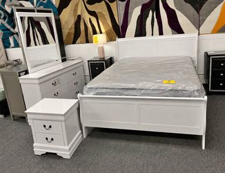 NEW QUEEN SIZE 4 PIECE BEDROOM FURNITURE WITH DRESSER MIRROR NIGHTSTAND WITHOUT MATTRESS INCLUDING FREE DELIVERY