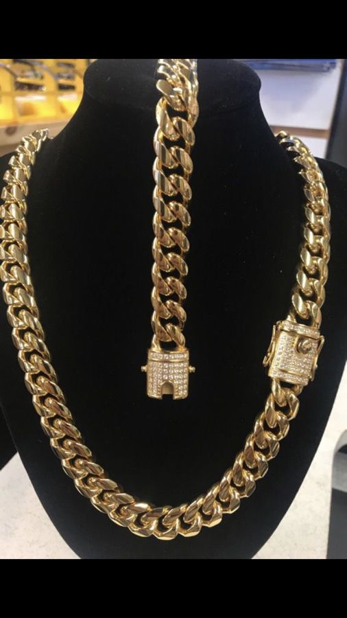 Brand New 18kt Gold over Stainless Steel 14mm Miami Cuban Link Chain and Bracelet set for Sale ...