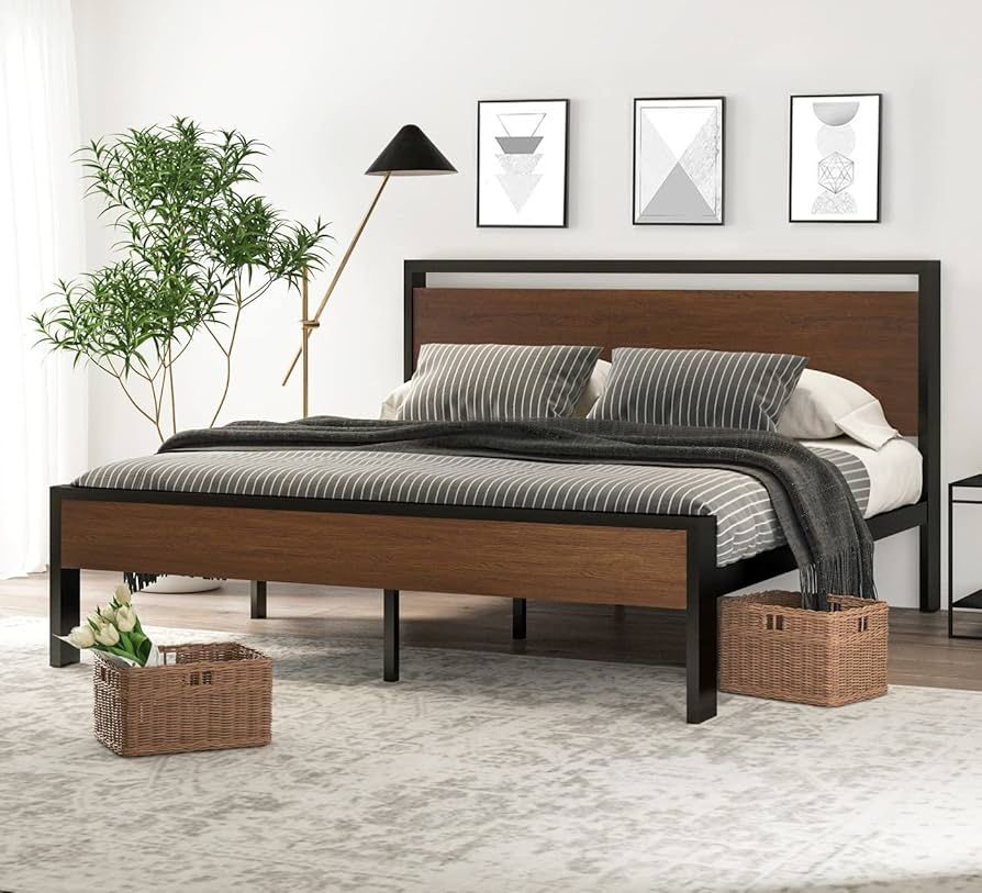 King Size Metal Platform Bed Frame with Wooden Headboard and Footboard