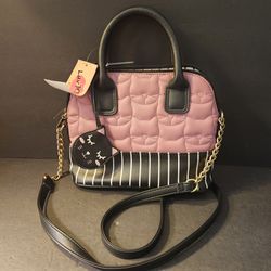 Luv Betsey Johnson Pink Black Stripes Quilted Cat Dome Satchel Bag Crossbody NWT Charm new with tags