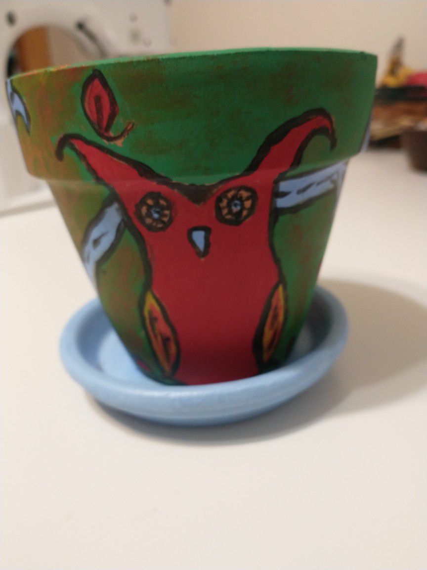 Red Owl hand-painted Planting Terracotta Pot