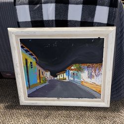 folk art or expressionist street scene depicting typical architecture from Latin America 16X20 must pick up