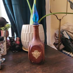 Vintage MCM Italian Leather Wrapped Glass Decanter dark blue glass
