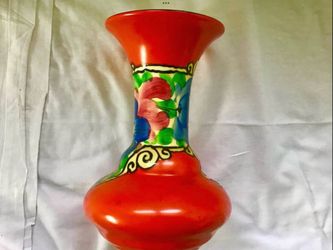 Vtg.Hand-Painted Czechoslovakian 7” Table Vase Dark Orange - Red