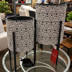 Black and White Metal Cachepot Planters with Black Metal Stands (Set of 2)
