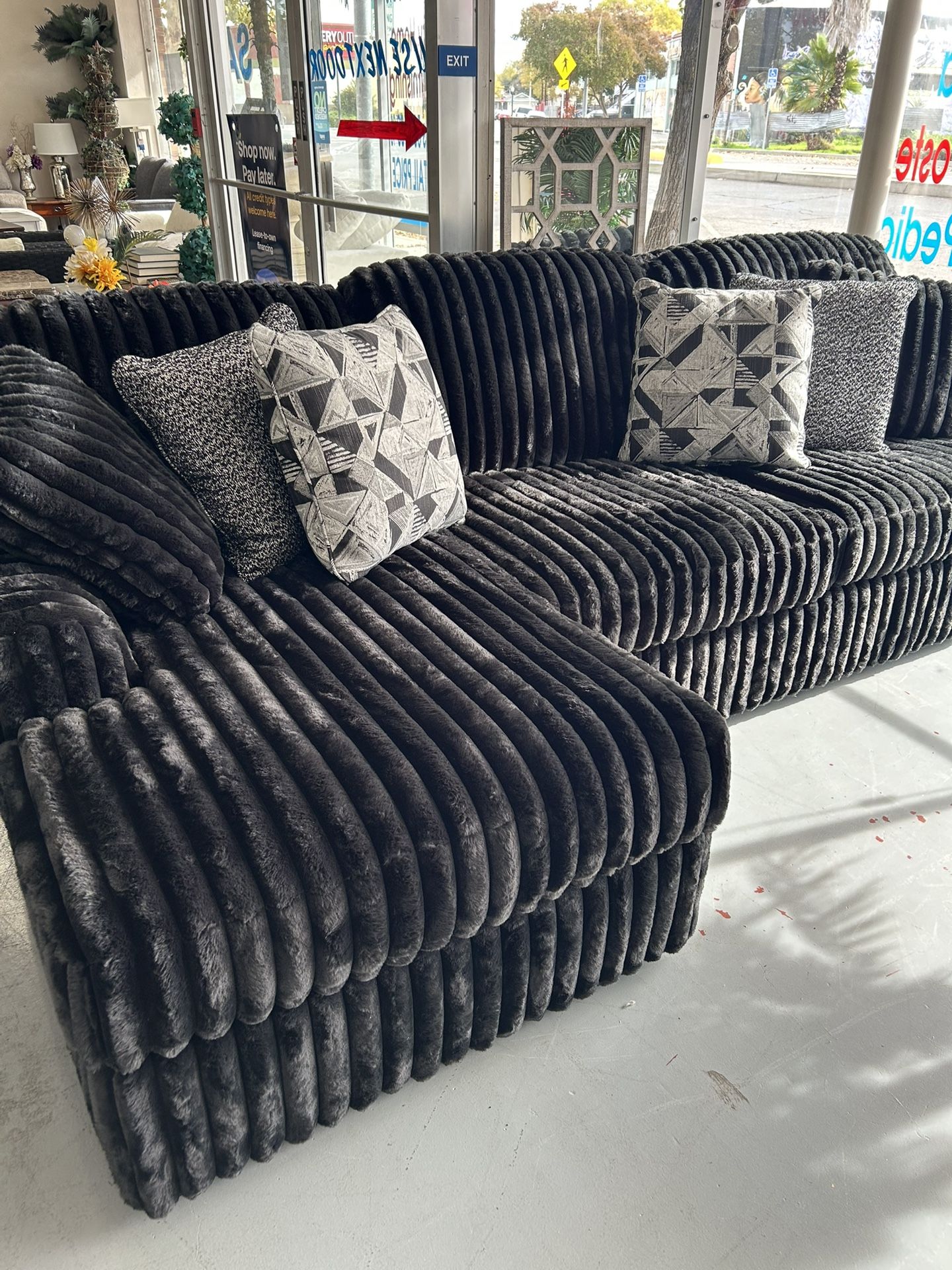 Black Corduroy Sofa , Oversized Chaise , Same Day Delivery 