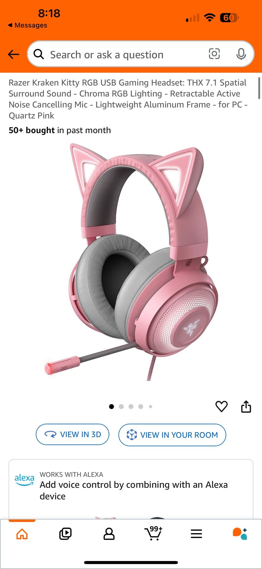 Razer Kraken Kitty RGB USB Gaming Headset: THX 7.1 Spatial Surround Sound - Chroma RGB Lighting - Retractable Active Noise Cancelling Mic - Lightweigh