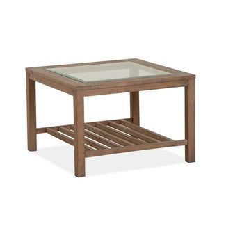 Set of 2 Modern Glass Top End Tables – Solid Wood Frame with Slatted Shelf, Rustic Brown Finish, Contemporary Living Room Side Tables