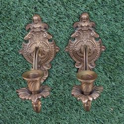 Vintage Italian Brass Cherub Wall Sconces - Ornate Pair - Heavy Cast Baroque Hollywood Regency - 7" x 4.5"