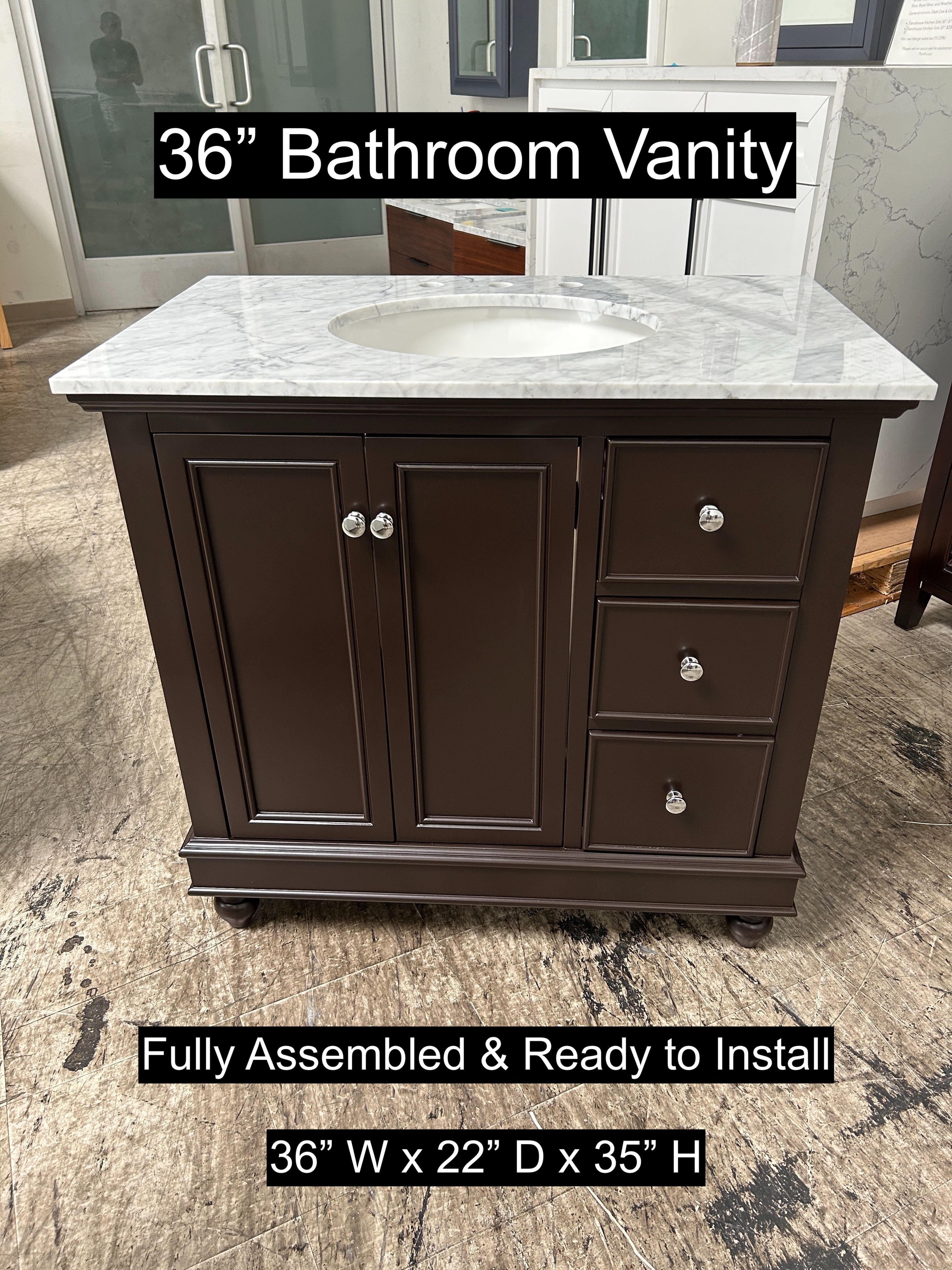 36" Bathroom Vanity with Carrara Marble Countertop & Solid Wood & Plywood Cabinet #3422