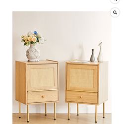 Bestco Rattan Nightstand Boho Side Table with Handmade Rattan Decorated Door, Wooden Nightstand with Storage Drawer and Metal Legs for Living Room, Be