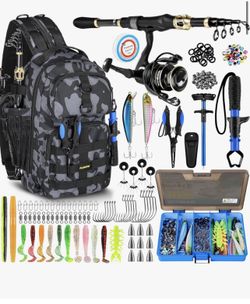 PLUSINNO Fishing Backpack with Fishing Rod and Reel Combos Tackle Boxes, Waterproof Tackle Backpack for Fish Gear with Rod Holder, Fish Gifts for Men 