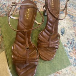 Women's GG Marmont T-Strap Heeled Sandals Leather