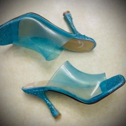 NEW, Betsey Johnson Penni Rhinestones Blue-Clear Open Toe Heels Mule Slide Sandals 6M