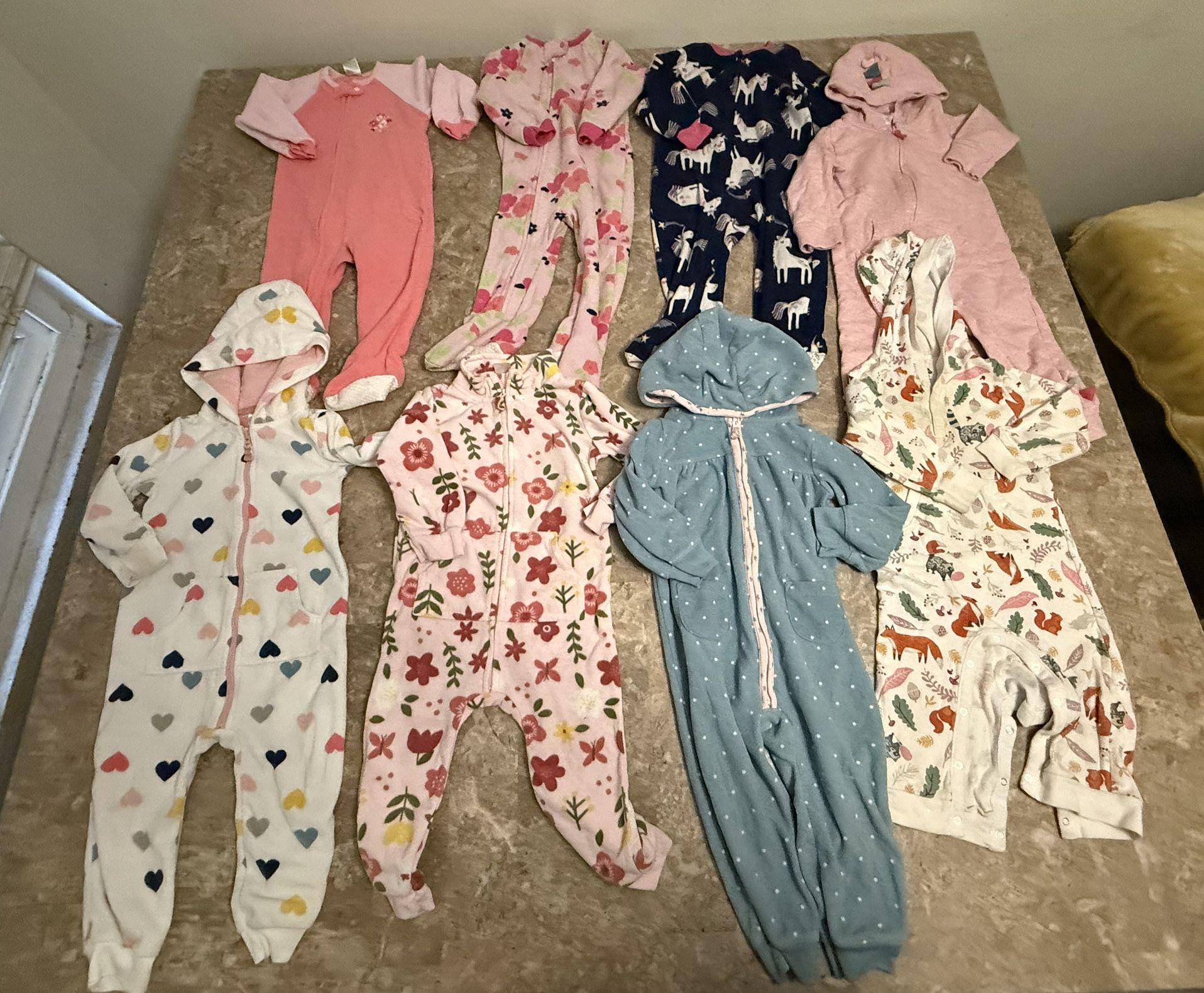 Baby Girl 12-18m 18m Sleeper Footed Pajama Lot- 8 Pc Hearts Flowers Unicorn Fox Pink