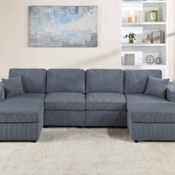 New Dark Or Light Gray Corduroy Double Chaise Sectional Sofa Couch 