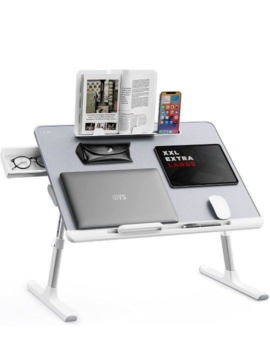 Laptop Bed Tray Desk, SAIJI Adjustable Laptop Stand for Bed, Foldable Laptop Table with Storage Drawer for Eating, Working, Writing, Gaming, Drawing