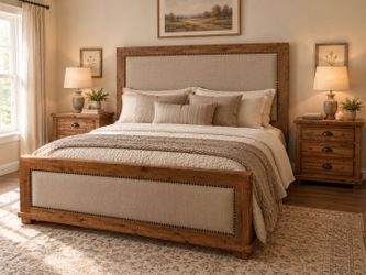 Queen Rustic Wood Upholstered Bed Frame + 2 night stands