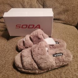 New Soda Corset Women's Open Toe Slide Taupe/Tan Platform Fur Slippers Size 7