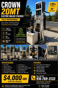 Crown 20MT Electric Walkie Stacker – 2,000 lb