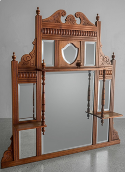 Large Antique Carved Oak Mirror w/ Shelves & Beveled Glass