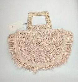 Floral Print Straw Half Moon Tote Handbag - A New Day - Blush NWT