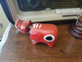 Traditional Vintage Japanese Red Cow Paper Mache Bobblehead Folk Art Toy