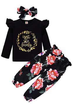 NEW 3Pcs Toddler Girl Clothes,Solid Color Long Sleeves Ruffle Top+ Floral Pant +Floral Headband 12-18 months