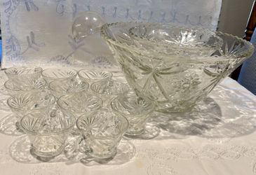 Vintage Glass Punch Bowl And Cups