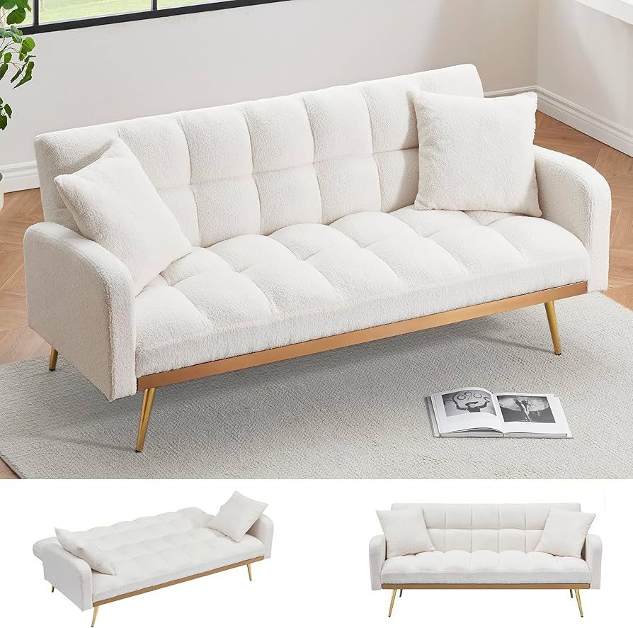 G-Folding Futon Sofa Couch w/Adjustable Backrest, Mid Century Modern Loveseat Convertible to Sleeper Bed, Small Comfy Teddy Cloud Couch SofaBed for Li