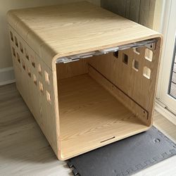 Fable dog crate And Side Table, medium, signature finish with acrylic gate and dog bed 