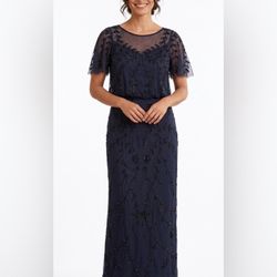 Adrianna Papell Navy Beaded Mesh Maxi Dress