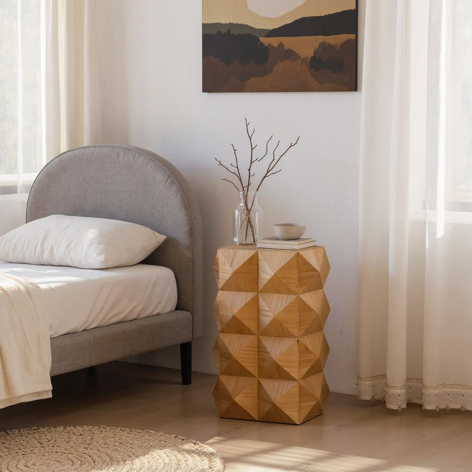 Crema Modern Geometric Wood Side Table Natural End Table, Natural