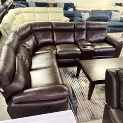 Brown Leather Dual Power Recliner Sectional 