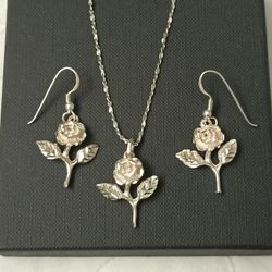 925 Silver Stem Rose Earrings & Pendant with Sparkle Twist Necklace 