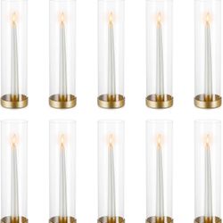 NUPTIO Hurricane Glass Candlestick Holders: 10 Set Bulk Gold Taper Candle Holder Metal Candle Stick Stand with 11.81 inch Tall Windproof Clear Seelves