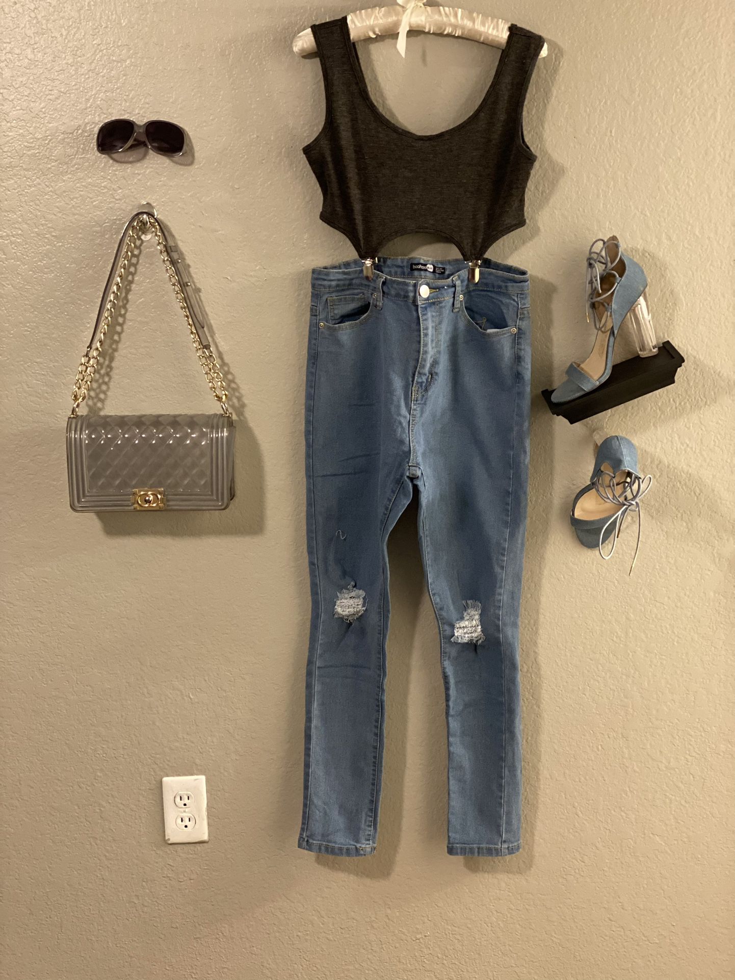 Suspender Crop Top | High Waist Skinny Denim Jeans