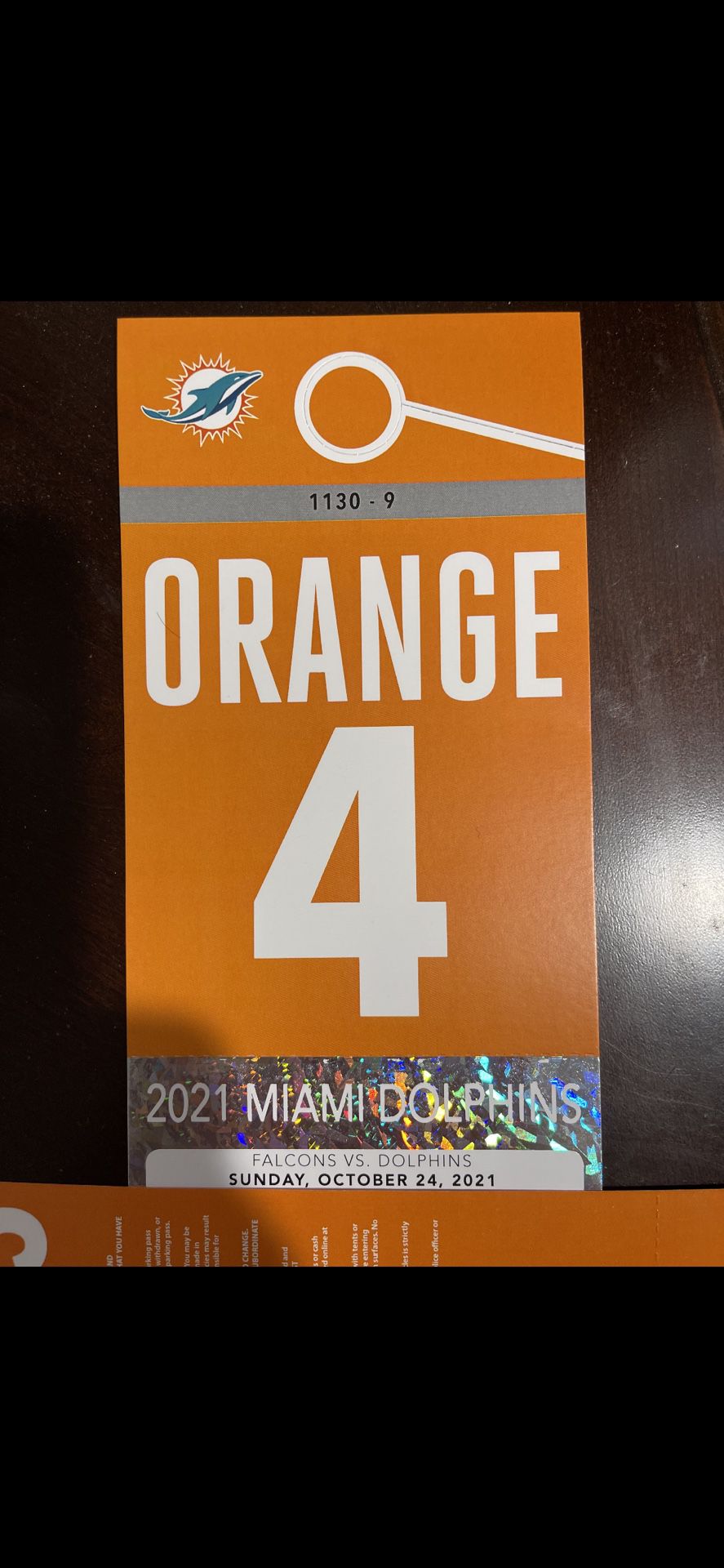 Miami dolphins Atlanta Falcones Orange Parking Pass 10/24/21 