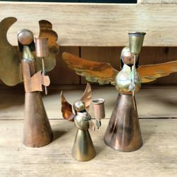 Three Vintage MCM Mid-century Modern Copper Brass Angel Candle Holder Christmas Holiday