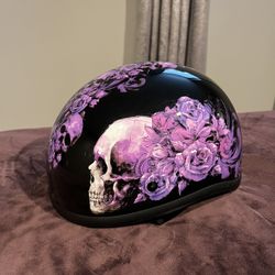 Decorative Black Helmet Accent with Purple Skull & Rose Motif