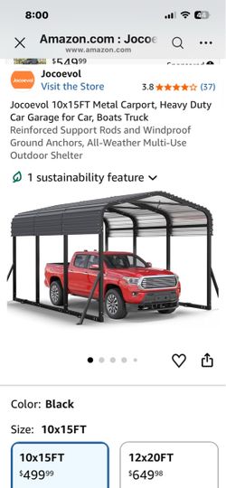 10x15FT Metal Carport, Heavy Duty Car Garage for Car, Boats Truck Reinforced Support Rods and Windproof Ground Anchors, All-Weather Multi-Use Outdoor 