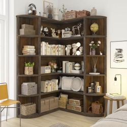 Corner Bookshelf, 5-Tier L-Shaped Display Shelf, for Living Room Bedroom Study Office, Rustic Brown