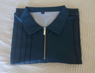 Men's XXL Blue Black Striped 1/4 Zip Collared Polo Pullover Polyester Top
