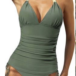 Womens Halter Tankini Bathing Suits V Neck Tummy Control Two Piece Swimsuits (small ) green