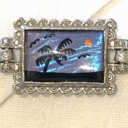 Antique Art Deco Sterling Silver Butterfly Sunset Palms Panel Bracelet 7.25”