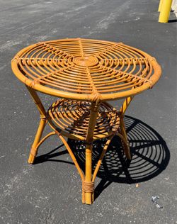 Vintage Rattan Bamboo Side Table Boho Coastal Tiki Accent Table 24”
