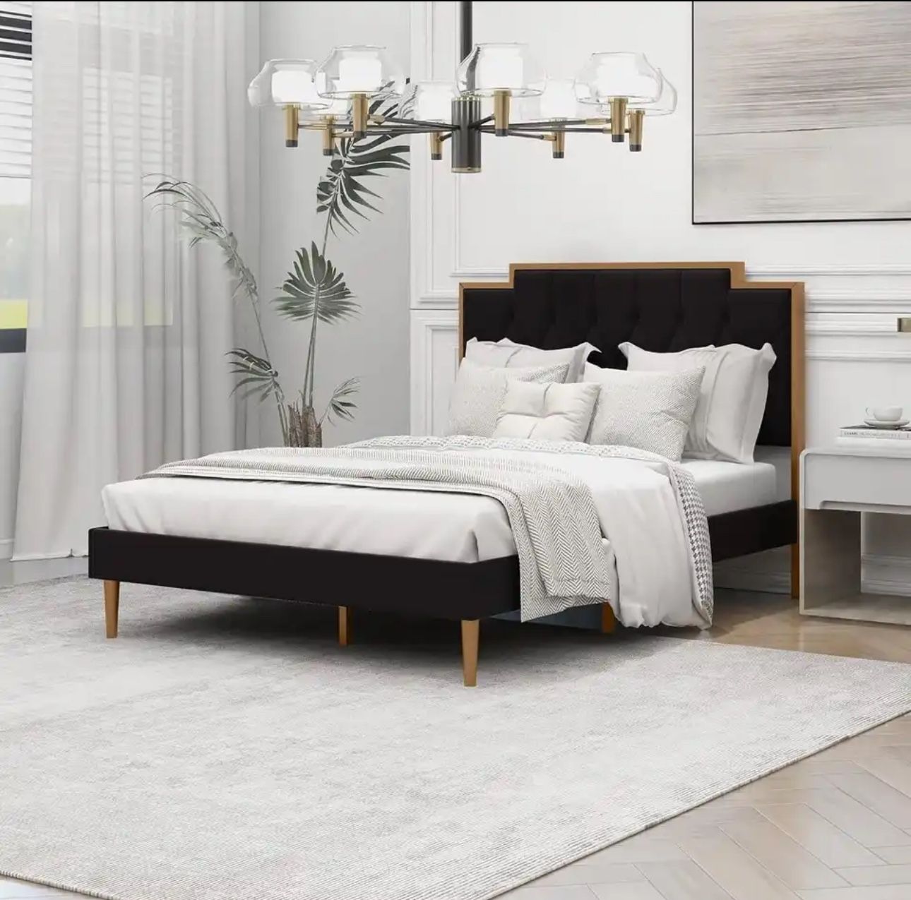 Upholstered Platform Full Size Bed Frame with Classic Headboard,Steel Slat Support Easy Assembly No Box Spring Required Black