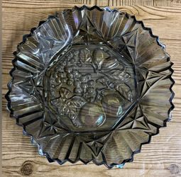 Vintage Iridescent Smoky Gray Carnival Glass Scalloped Dish Fruit Bowl 11"