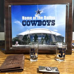 Picture Plate Cowboy Stadium, Wallet, Money Clip, And  2 Shot Glasses